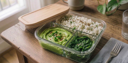 Schiscetta con riso bianco aromatizzato, verdure del giorno e avocado.