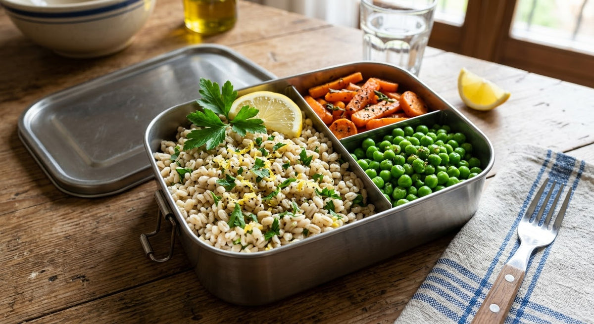 Orzo al prezzemolo e limone, verdure del giorno e piselli