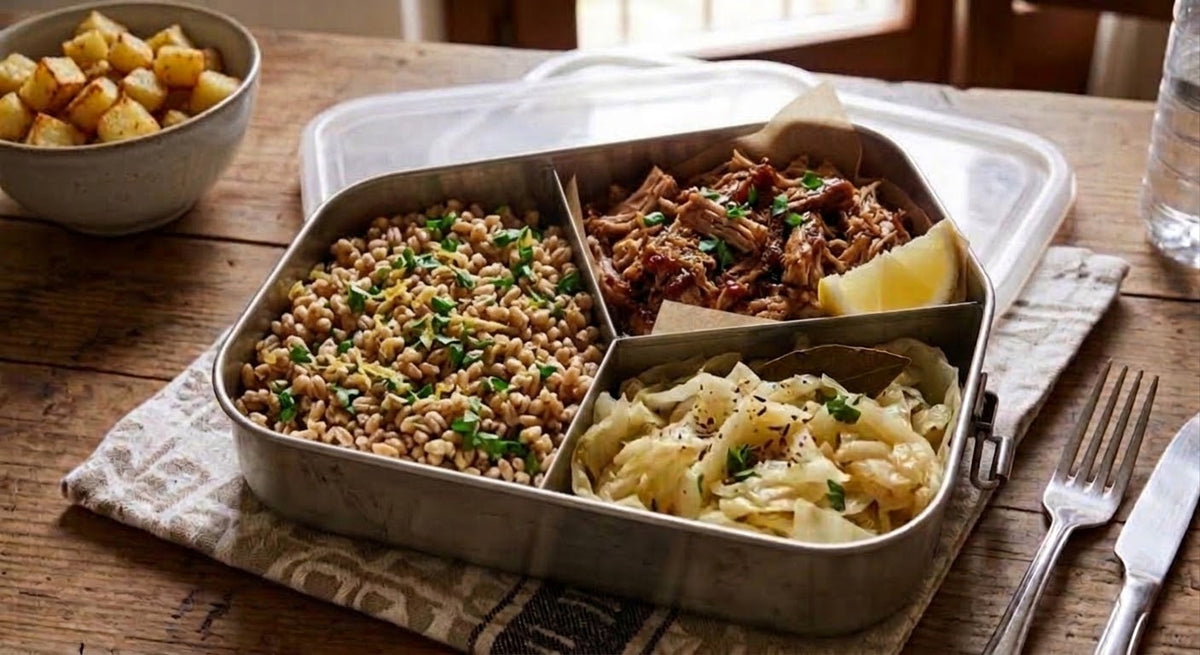 Farro al prezzemolo e limone, verdure del giorno e pulled pork