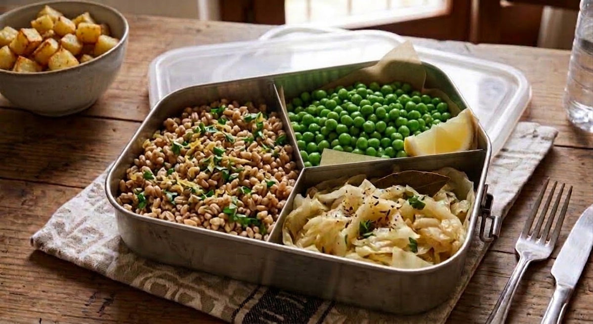 Farro al prezzemolo e limone, fagiolini e pisellini in padella