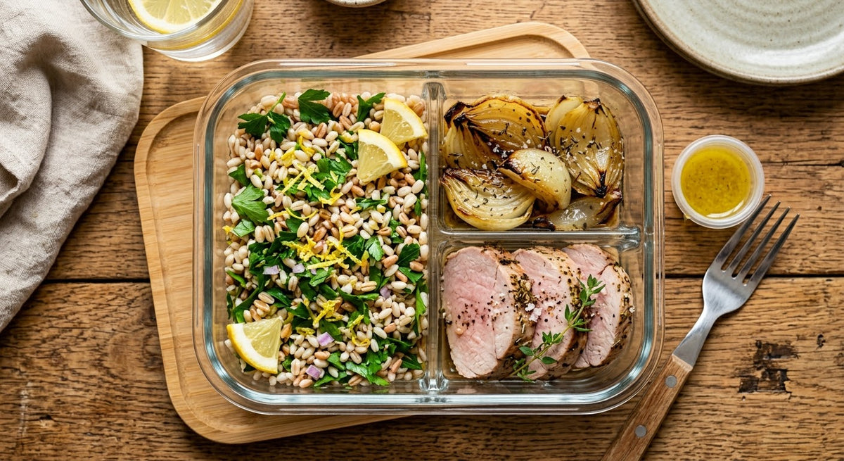 Orzo e farro al prezzemolo e limone, verdure del giorno e filetto di maiale