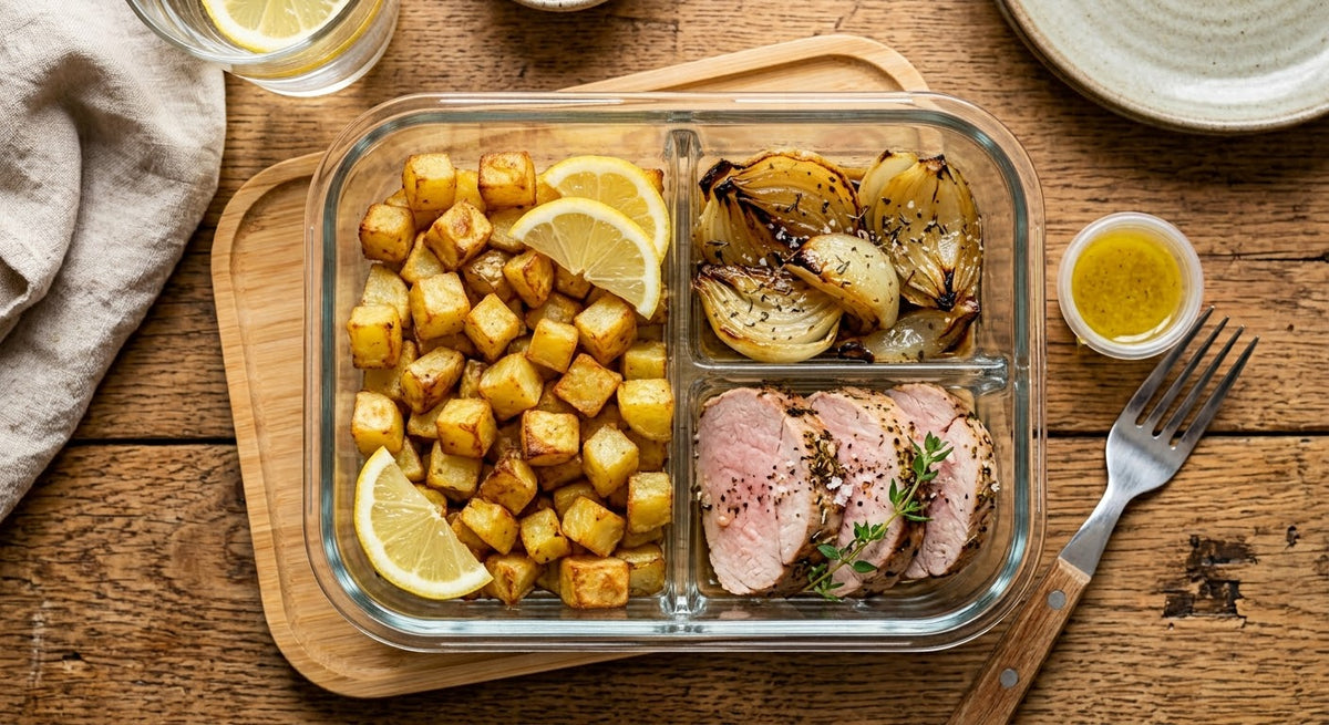 Patate al forno, verdure del giorno e filetto di maiale