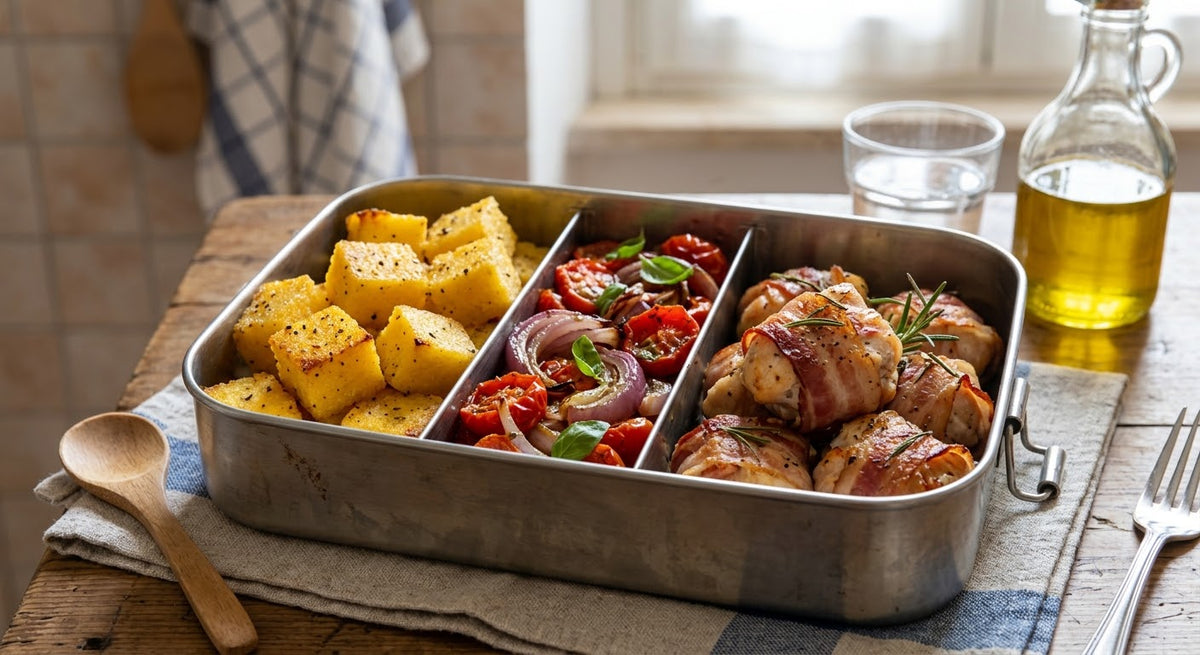 Polenta al forno, pomodori e cipolle Tropea al forno e fagottini di pollo con pancetta