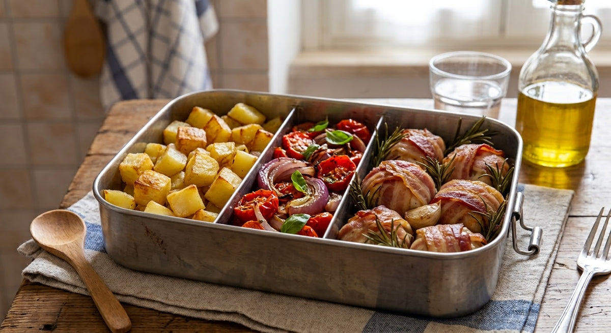 Patate al forno, verdure del giorno e fagottini di pollo con pancetta