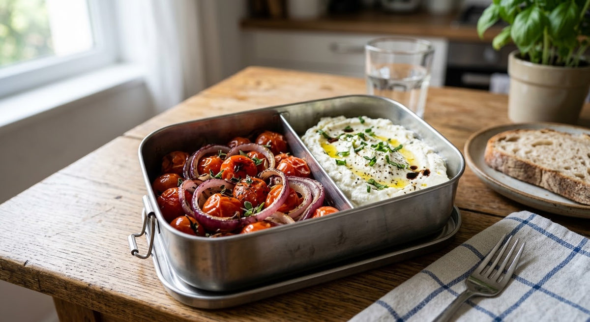 Ricotta mantecata con insalata di melanzane scottate, pomodori e peperoni crudi