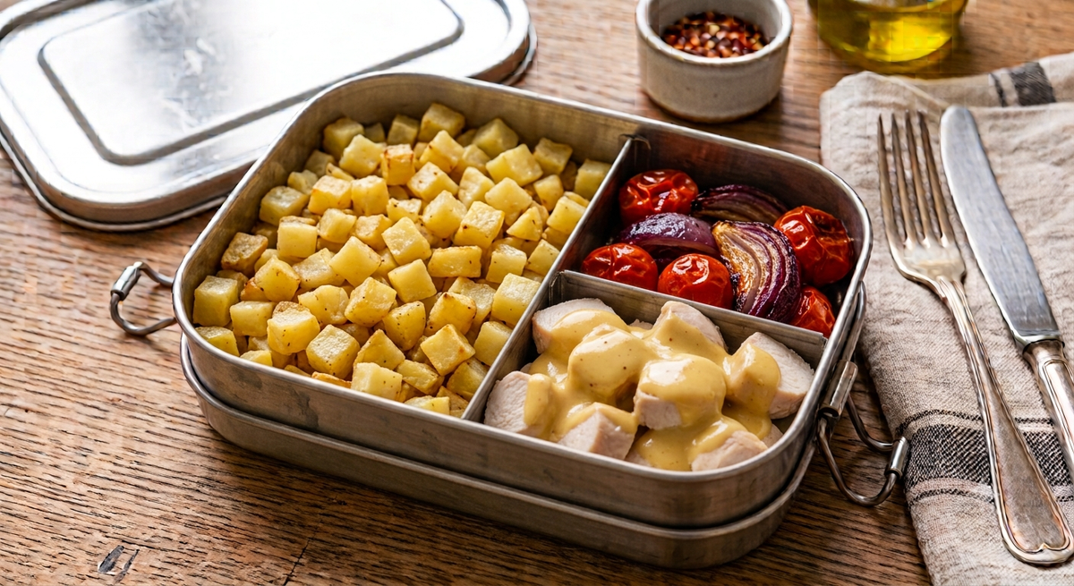 Patate al forno, verdure del giorno e pollo con salsa honey mustard