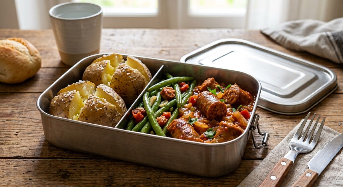 Jacket potatoes, verdure del giorno e salsiccia in umido