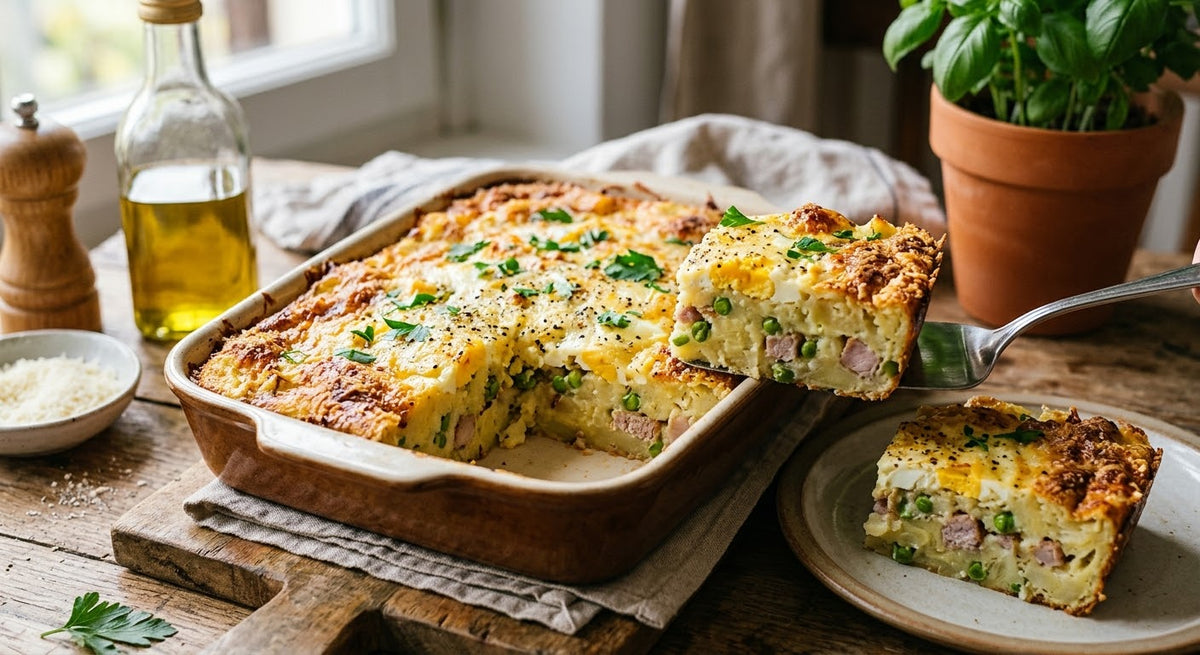 Gateau di patate al forno con uova formaggio lonza e piselli