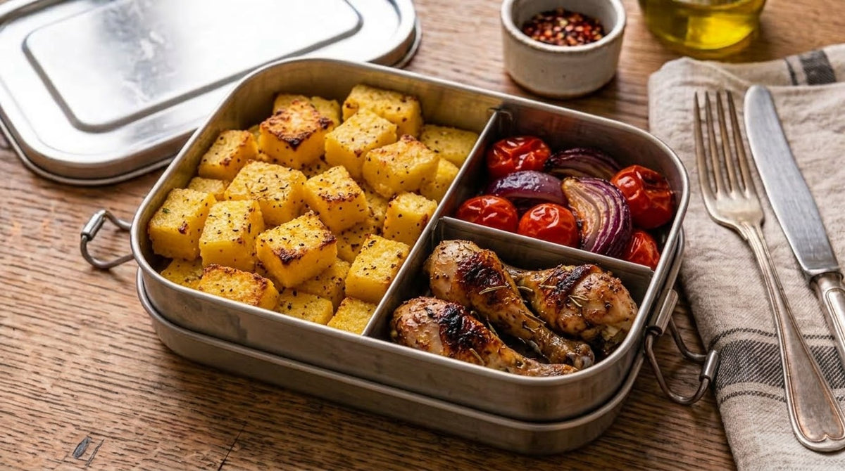 Polenta, verdure del giorno e coscette di pollo