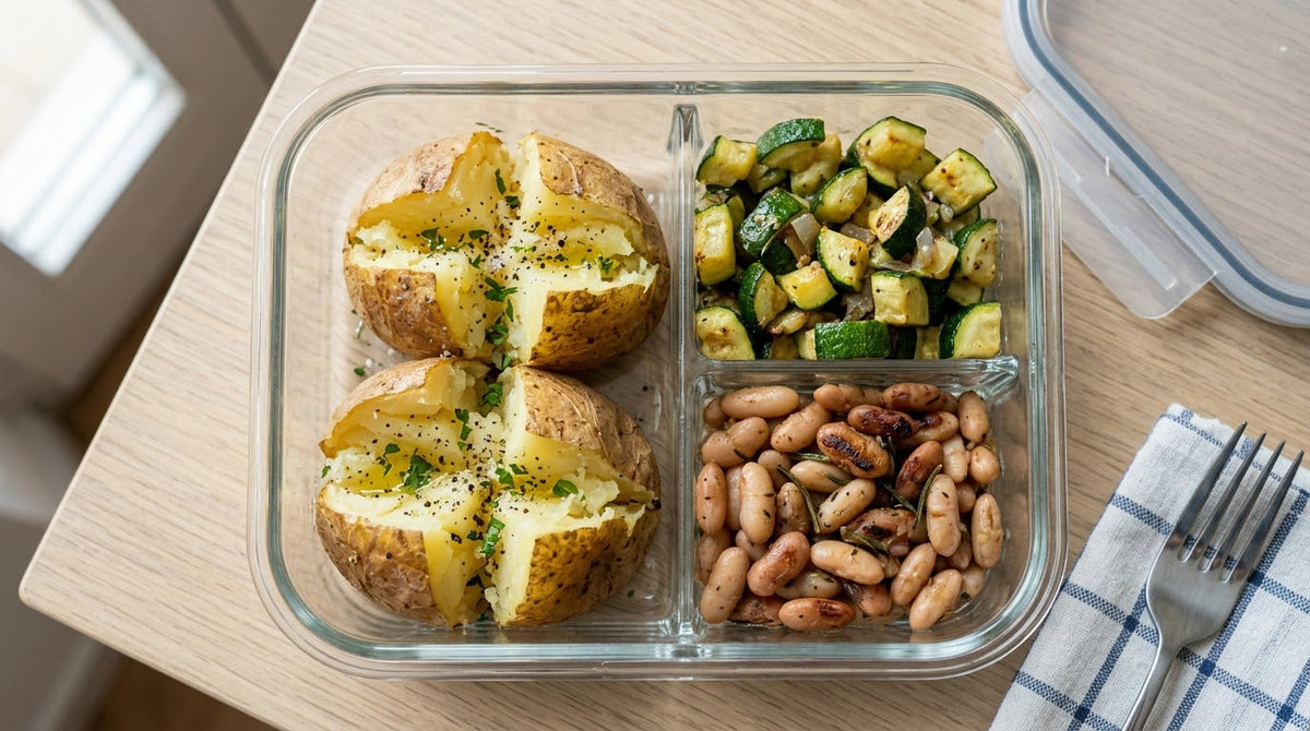 Jacket potatoes, zucchine e fagioli in padella