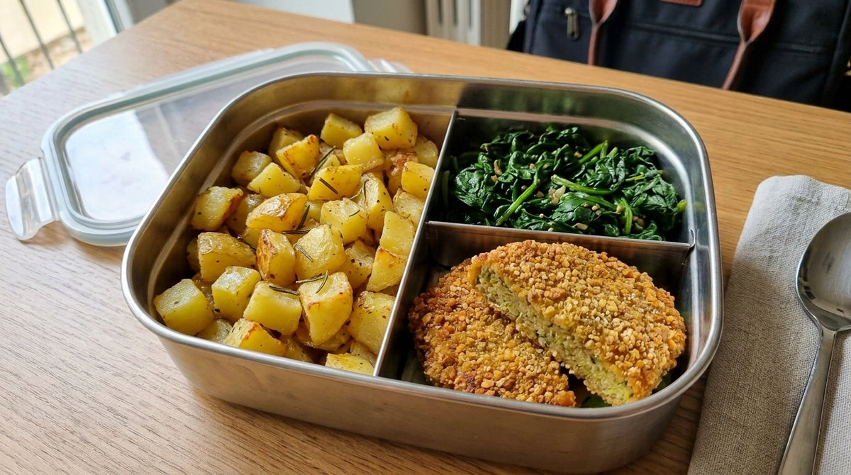 Patate al forno, verdure del giorno e cotoletta vegetariana
