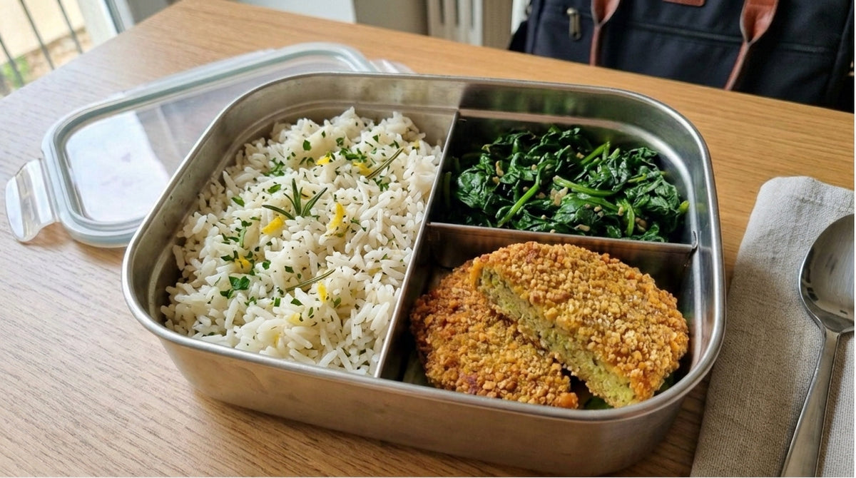 Riso aromatizzato, verdure del giorno e cotoletta vegetariana