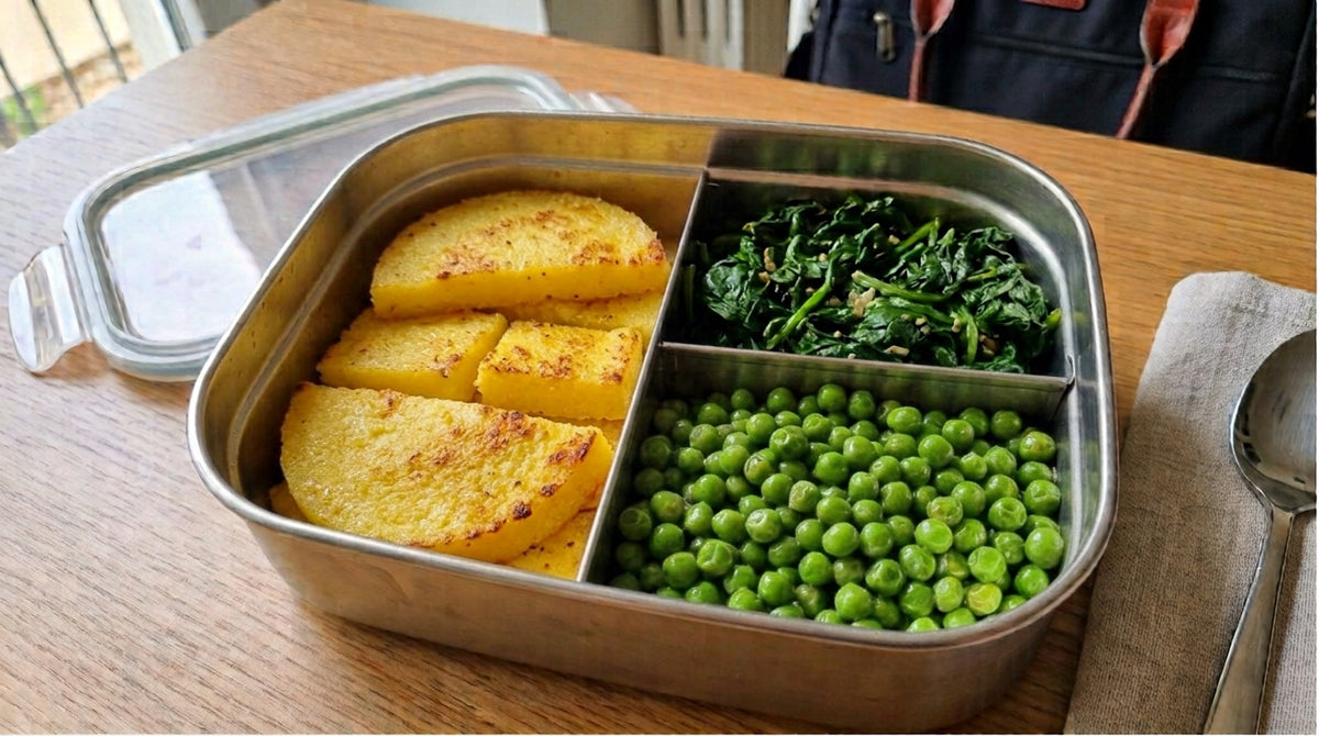 Polenta al forno, verdure del giorno e piselli in padella