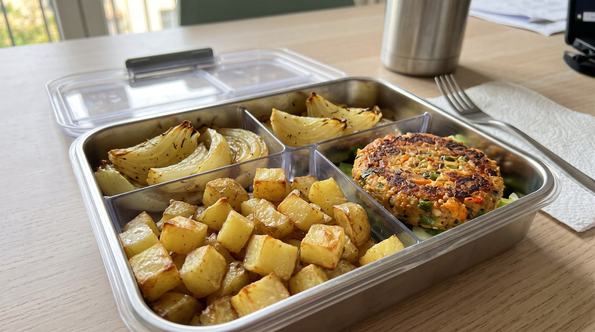 Patate al forno, verdure del giorno e veggie burger