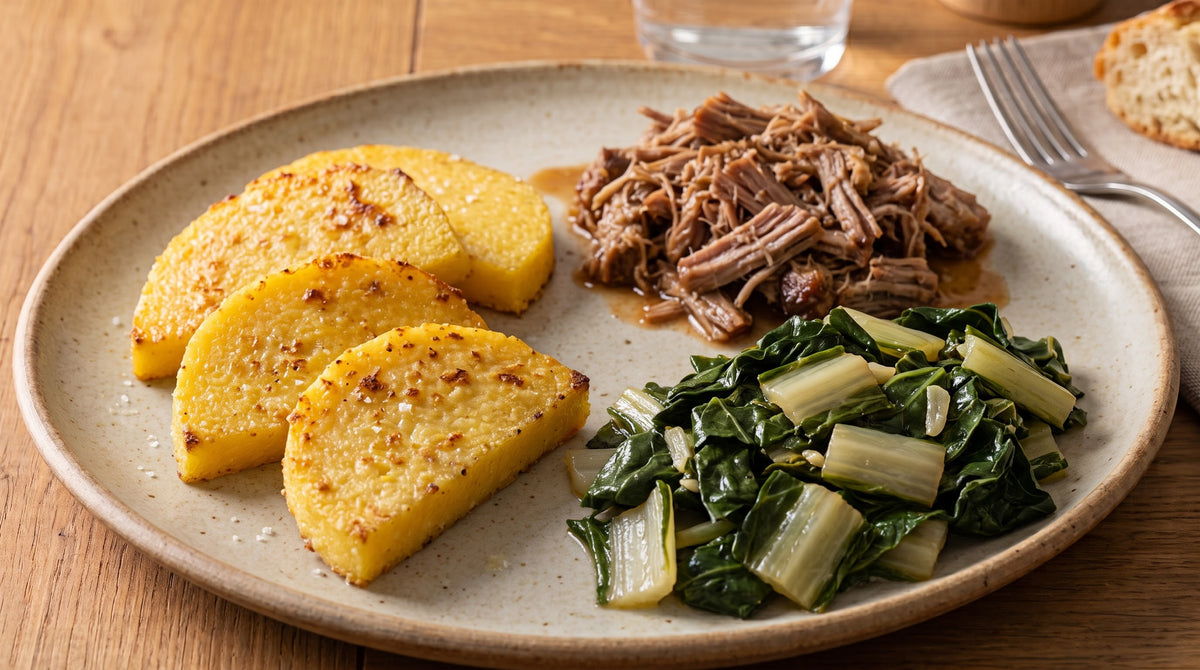 Polenta al forno, verdura del giorno e pulled pork