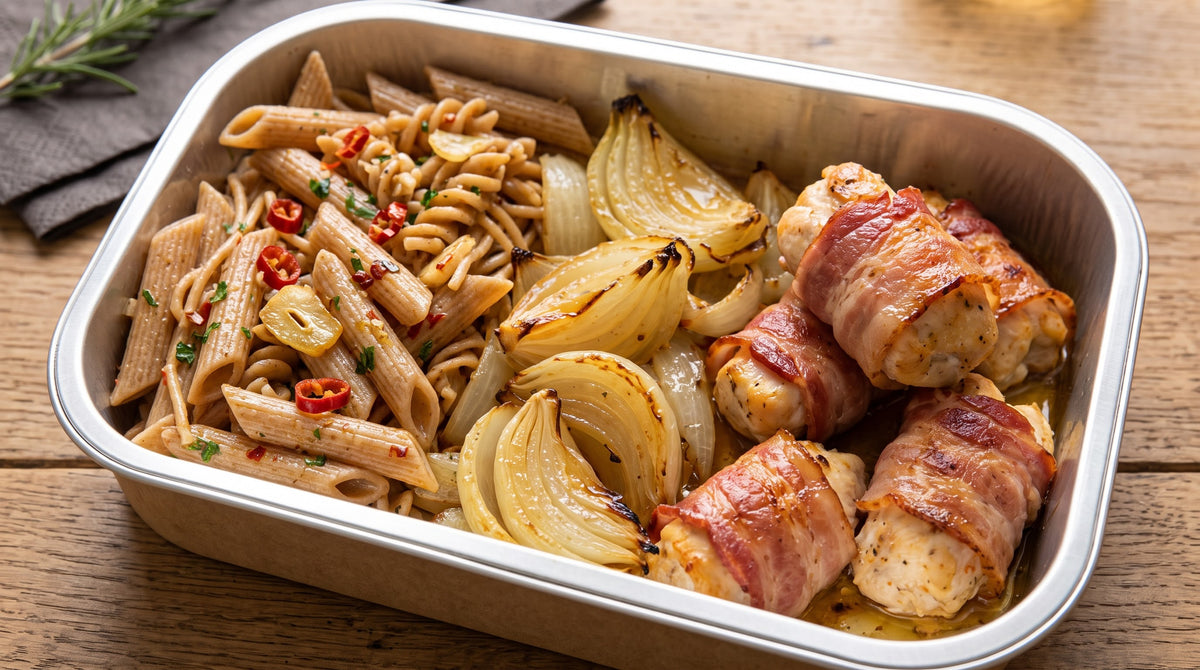 Pasta integrale aglio olio e peperoncino, verdure del giorno e fagottini di pollo con pancetta al forno