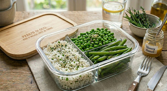 Riso aromatizzato, verdure del giorno e piselli in padella