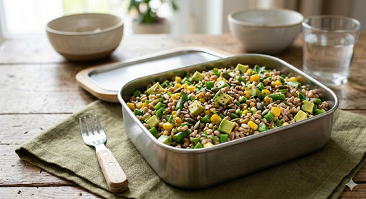 Insalata di farro con avocado, mix di semi, fagiolini e mais