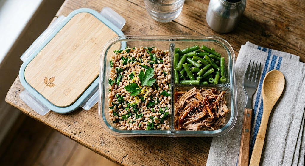 Farro al prezzemolo e limone, verdure del giorno e pulled pork