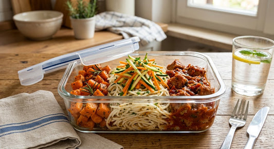 Spaghetti di riso, verdure del giorno e salsiccia al sugo
