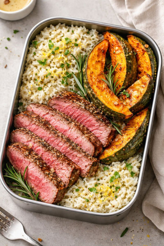 Riso aromatizzato, zucca al forno e tagliata di manzo
