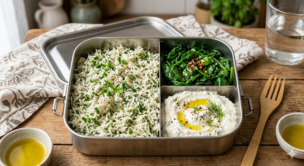 Riso aromatizzato, spinaci  e ricotta mantecata