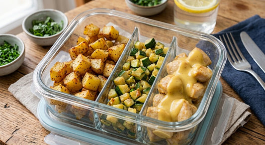 Patate al forno, verdure del giorno e pollo con salsa honey mustard