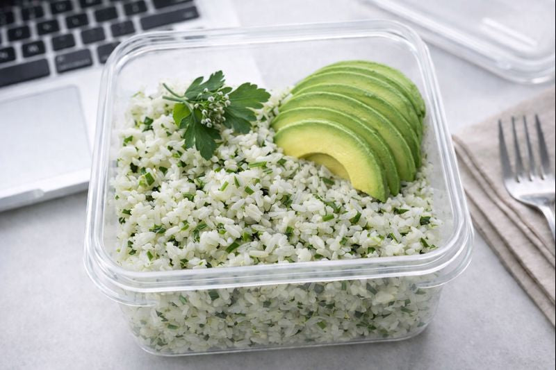 Schiscetta con riso bianco aromatizzato, verdure del giorno e avocado.