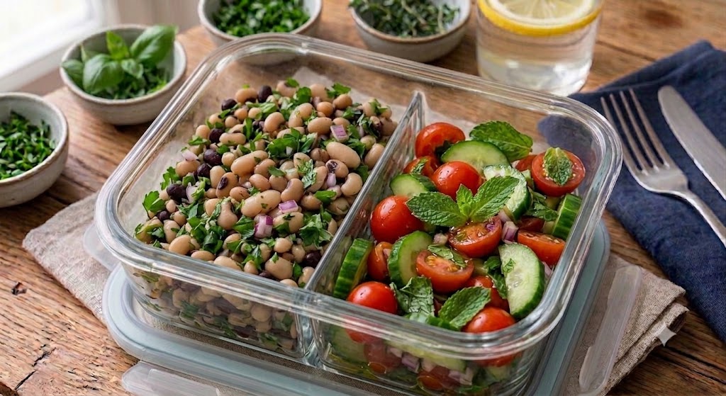 Insalata di pomodori, cetrioli e menta con insalata di fagioli