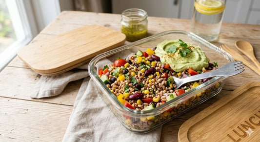 Insalata di farro con mais, fagioli, verdure e crema di avocado