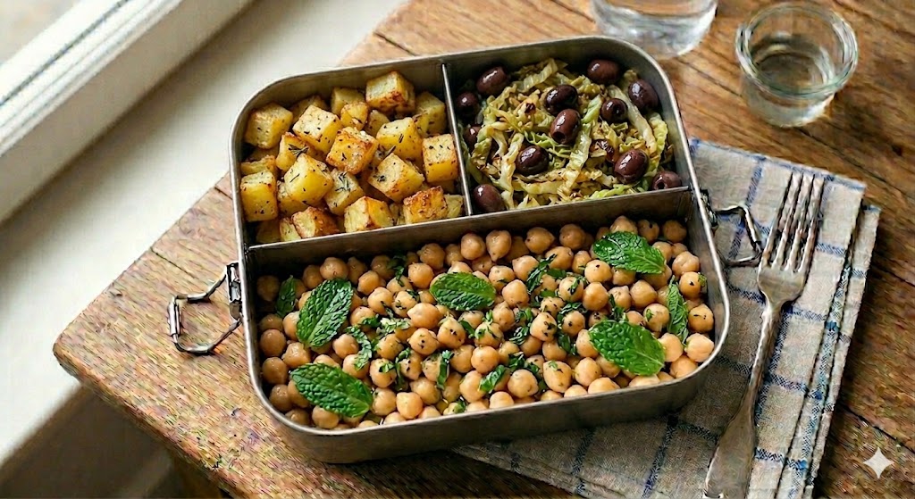 Patate al forno, verdure del giorno e ceci aromatizzati alla menta