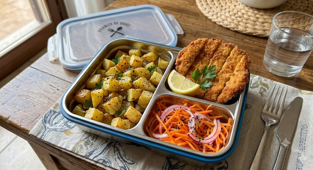Patate al forno, insalata di carote e cipolle di Tropea, cotoletta alla milanese