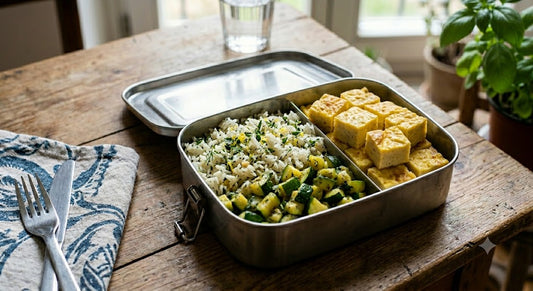 Schiscetta con riso aromatizzato, verdure del giorno e frittata