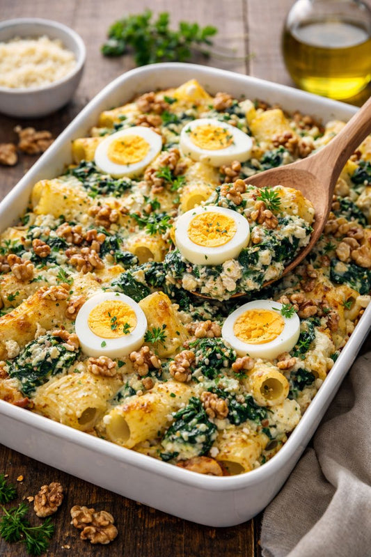 Pasta al forno con ricotta, spinaci, uova sode e noci