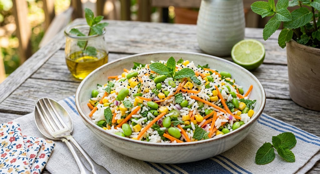Insalata di riso con edamame, mais, carote, cipolle di tropea e menta