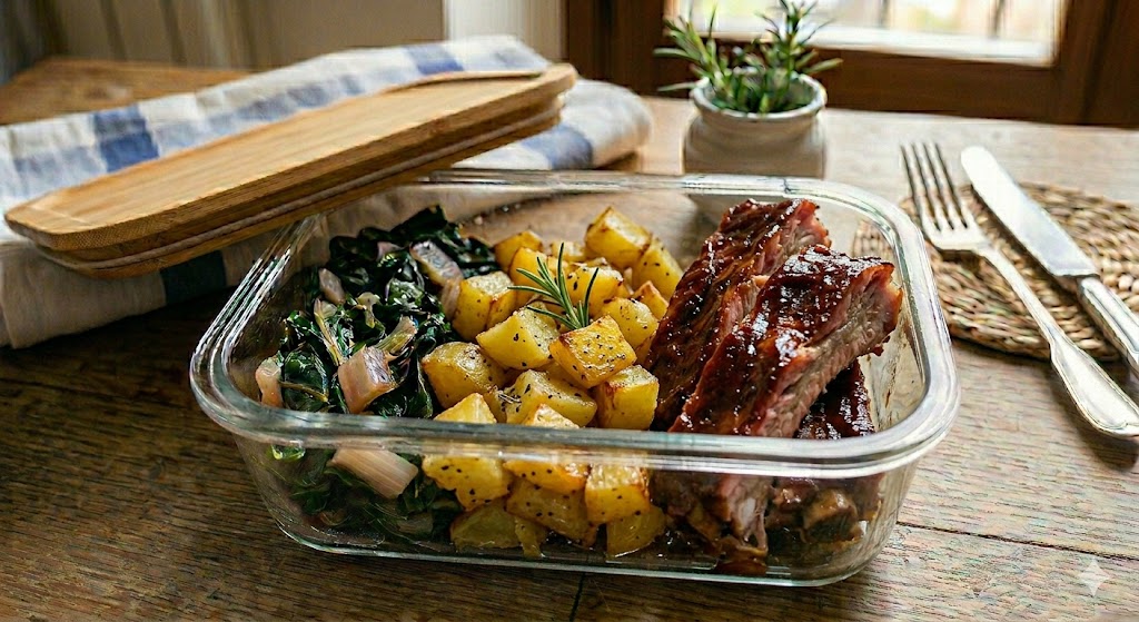 Patate al forno, verdure del giorno, costine