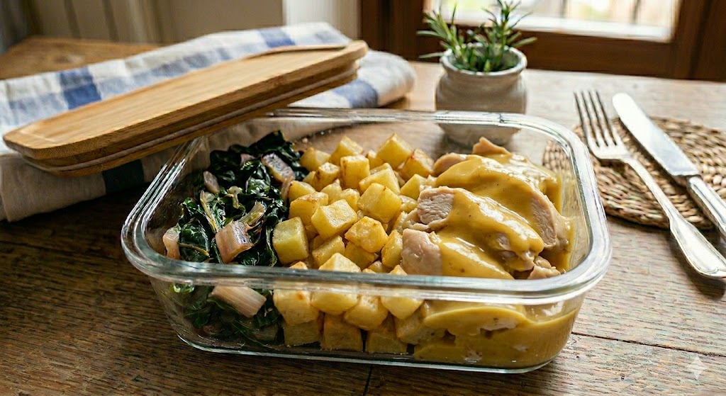 Patate al forno, verdure del giorno e pollo con salsa honey mustard