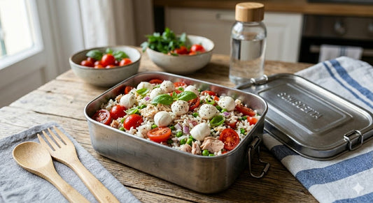 Insalata di riso con pomodori, pisellini, mozzarella e tonno