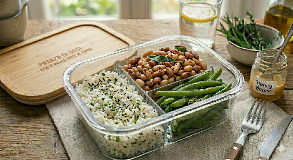Riso aromatizzato, verdure del giorno e fagioli saltati in padella