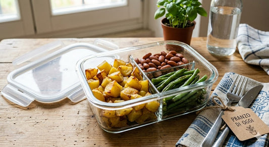Patate al forno, verdure del giorno e insalata di fagioli