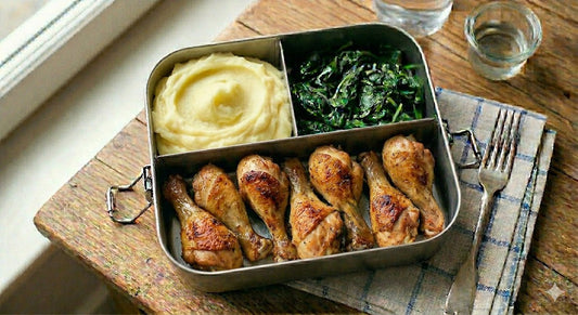 Purè di patate, verdure del giorno e coscette di pollo.