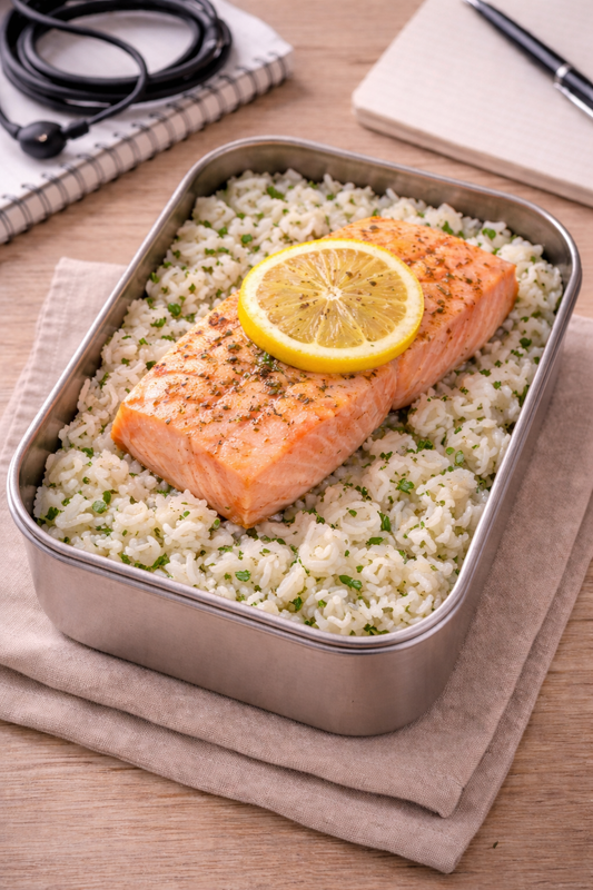 Schiscetta con riso aromatizzato, verdure del giorno e salmone