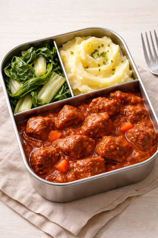 Purè di patate, verdure del giorno e spezzatino al sugo